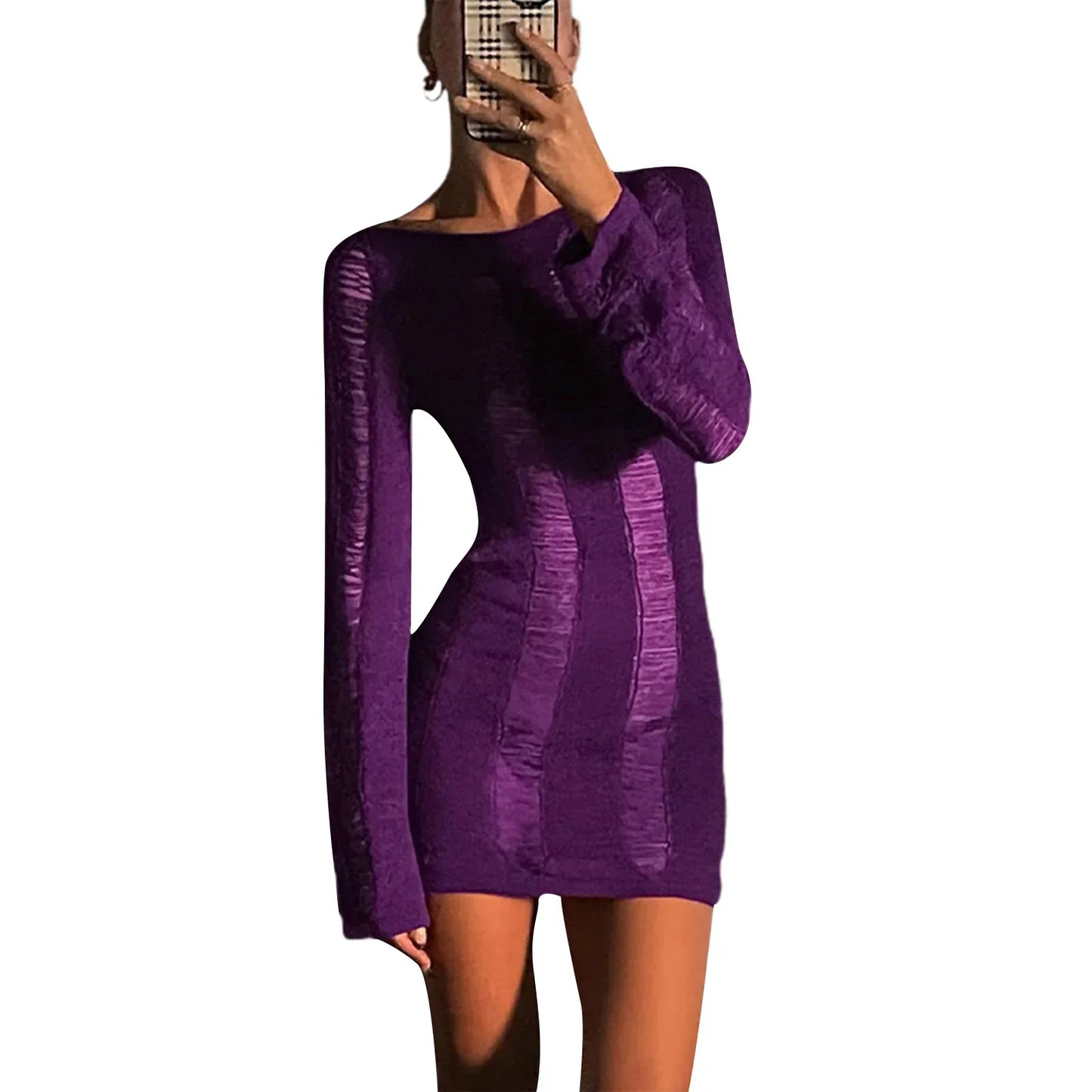 Knitted Backless Longsleeve Mini Distressed Dress