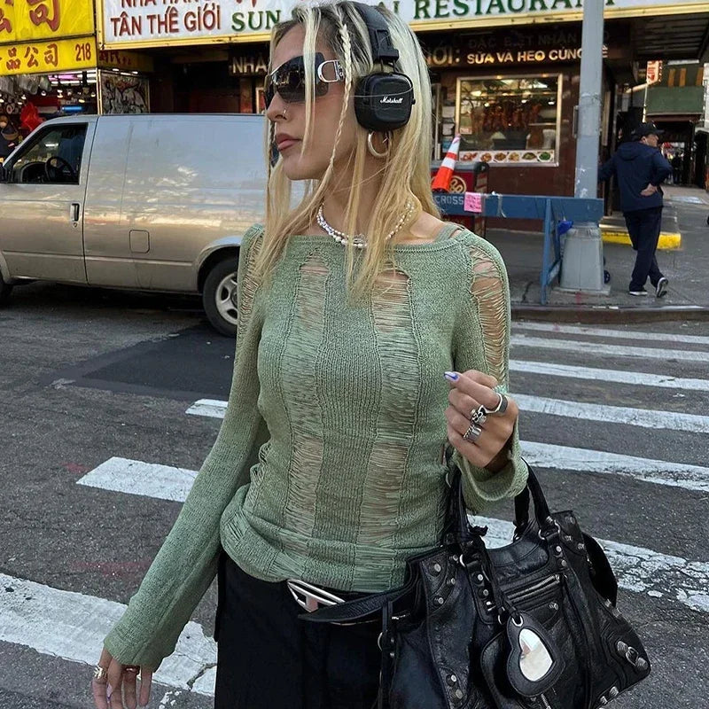 Knitted Backless Longsleeve Mini Distressed Dress