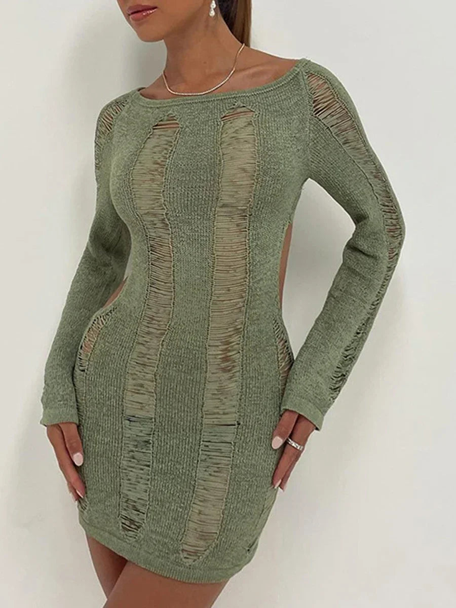 Knitted Backless Longsleeve Mini Distressed Dress