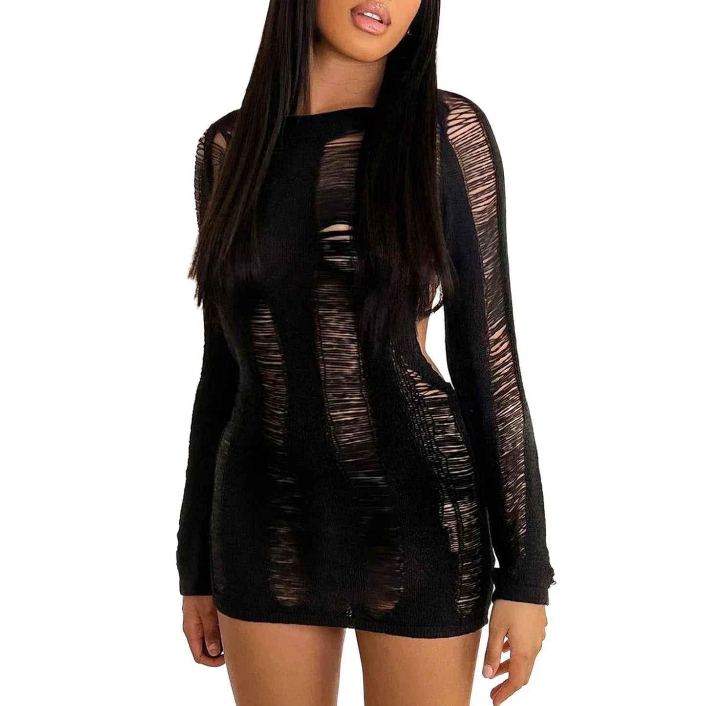 Knitted Backless Longsleeve Mini Distressed Dress