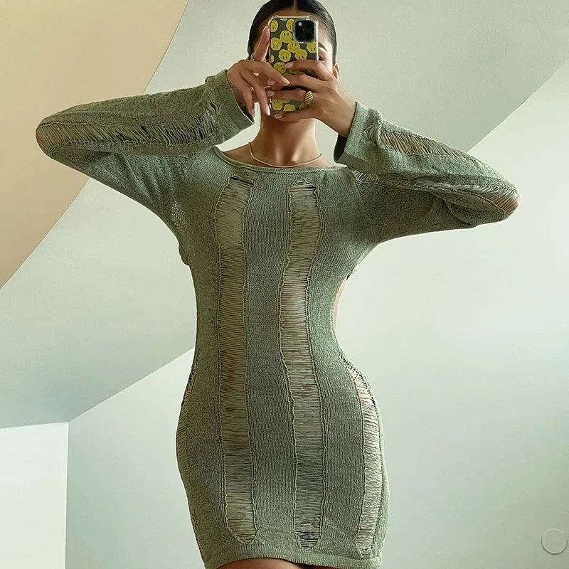 Knitted Backless Longsleeve Mini Distressed Dress