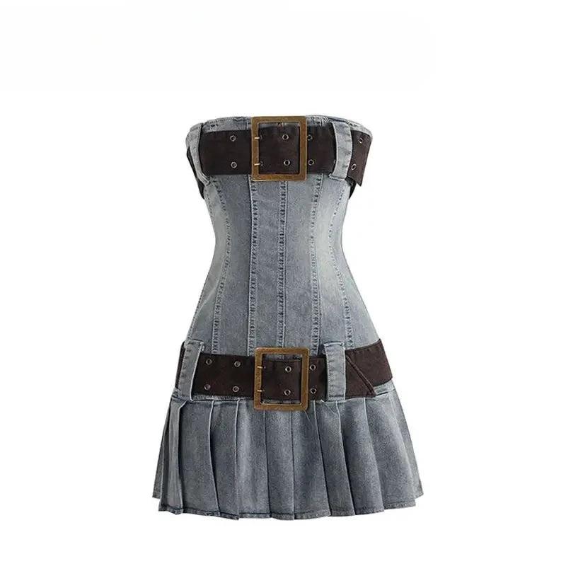 Y2k Denim Two-Piece Corset Top and Pleated Skirt