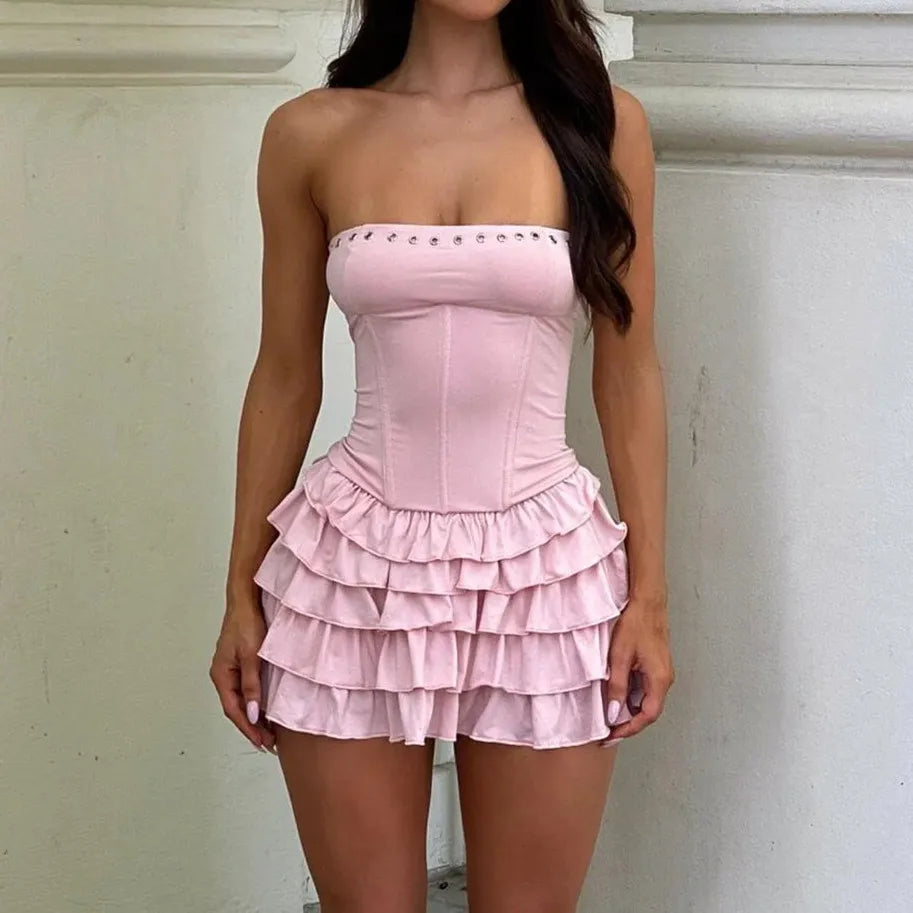 Y2k Strapless Tie-Up Layered Mini Dress
