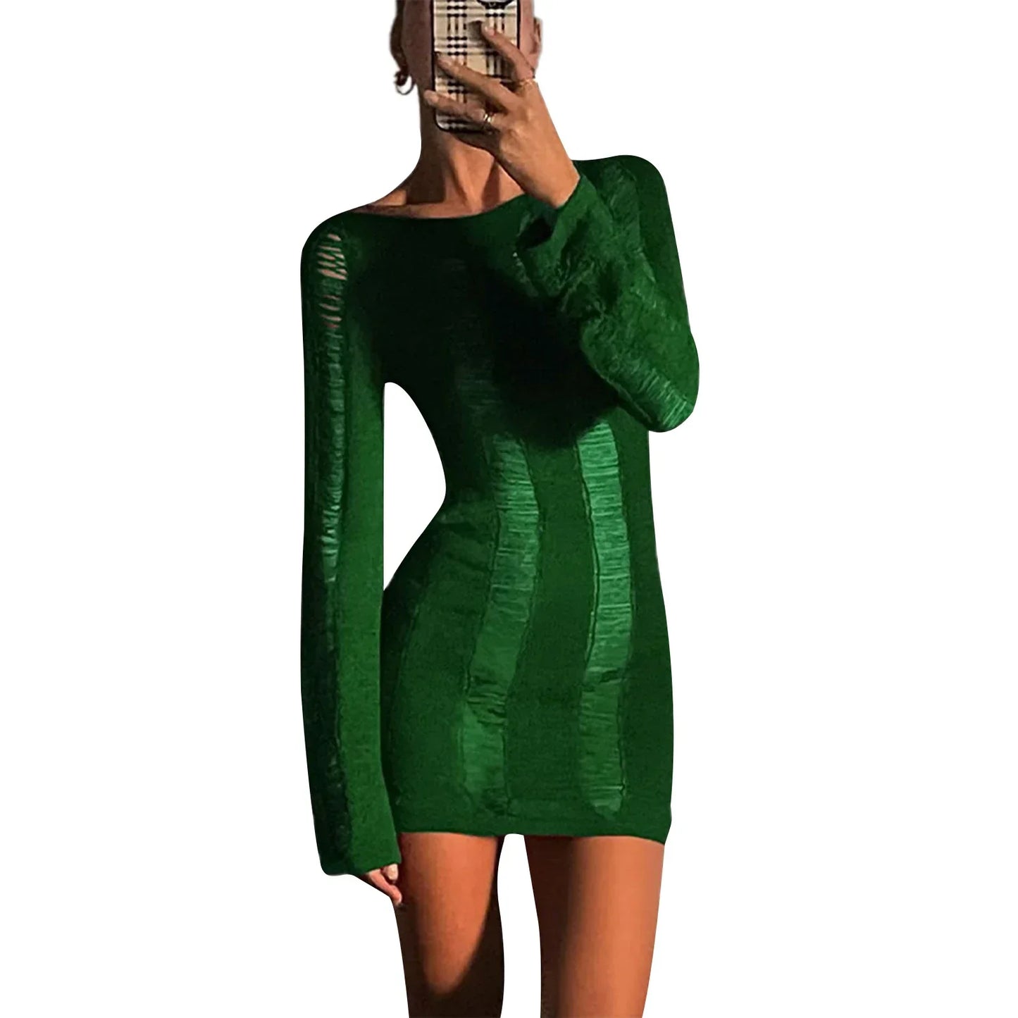 Knitted Backless Longsleeve Mini Distressed Dress