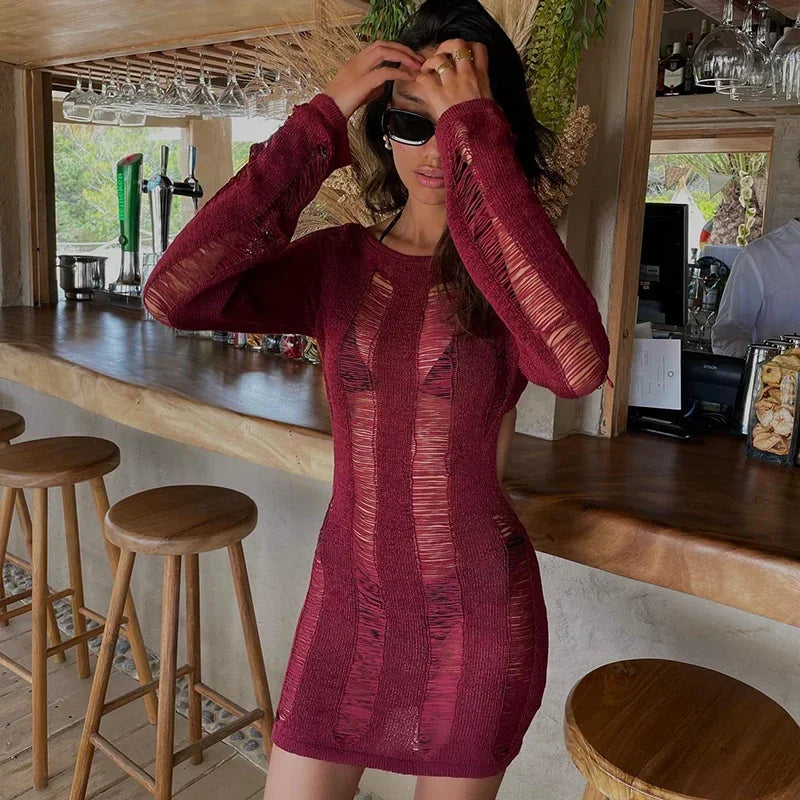 Knitted Backless Longsleeve Mini Distressed Dress
