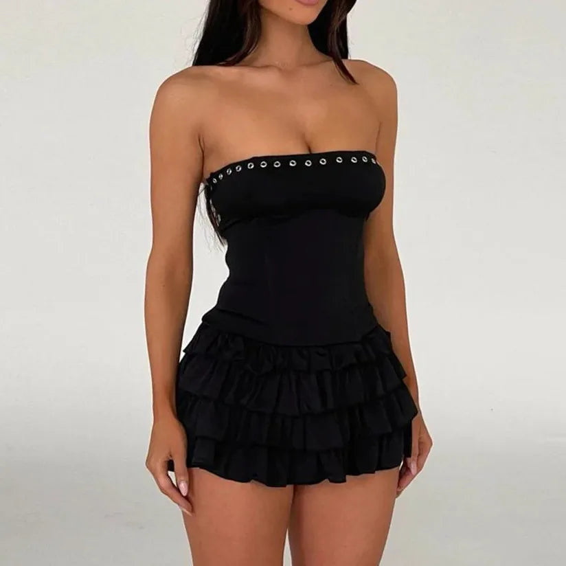 Y2k Strapless Tie-Up Layered Mini Dress
