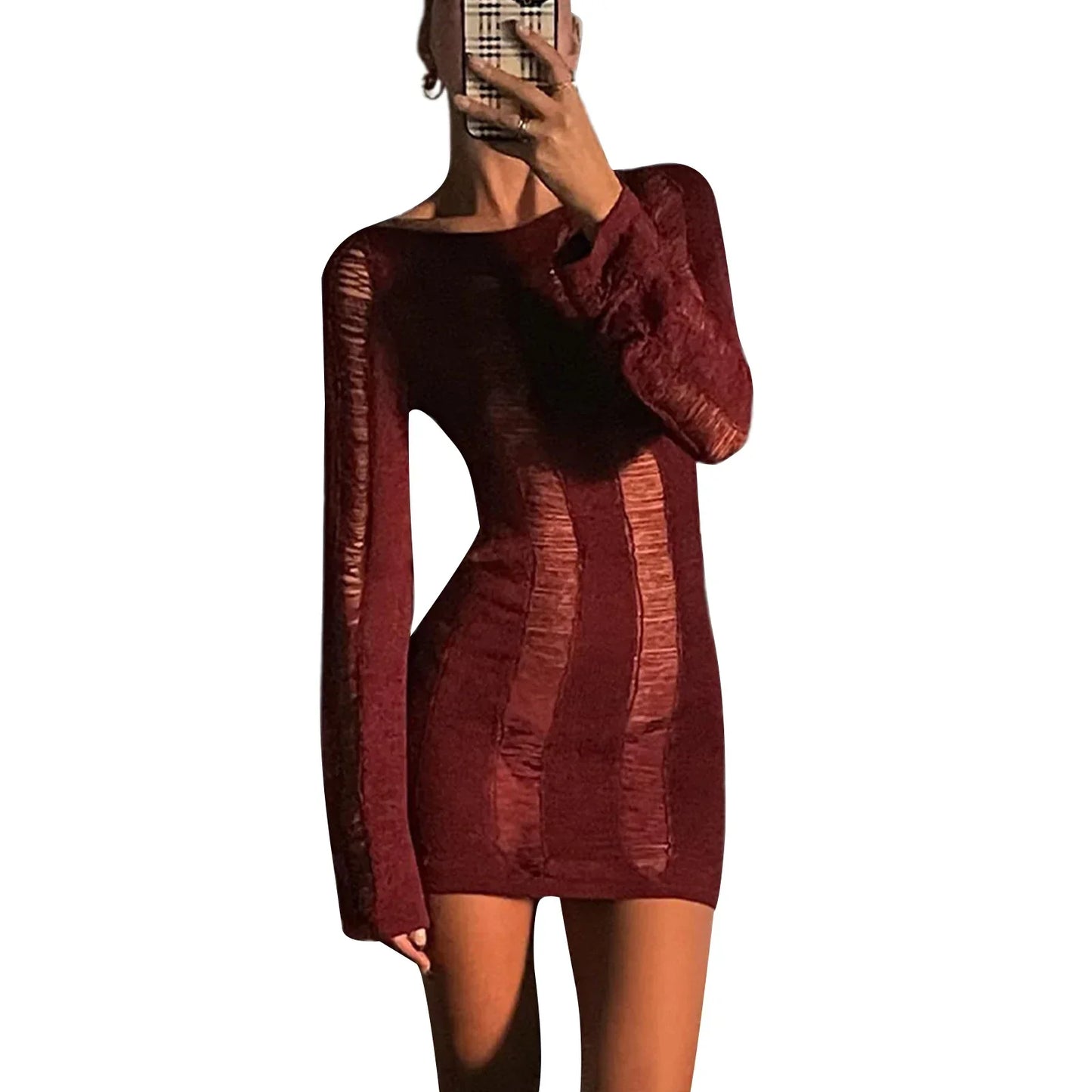 Knitted Backless Longsleeve Mini Distressed Dress
